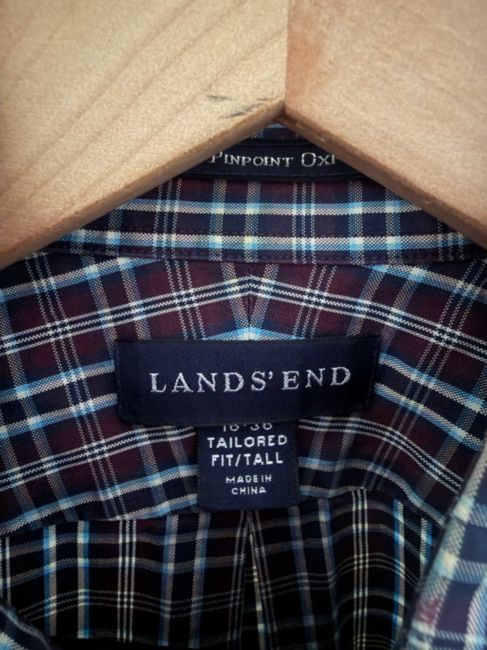 Lands' End Men's tall Plaid Button-Down Shirt with Blue Windowpane Oxford 16 - Picture 3 of 5